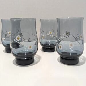 Vtg Libbey Blue Glass Tumblers Painted White Dogwood Floral Blossom Set of 4 NOS